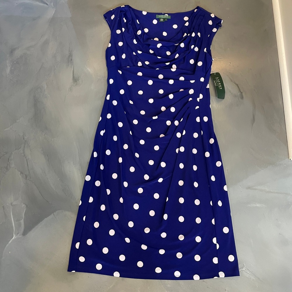 Lauren Ralph Lauren Blue White Polka Dot Cowl Neck Ruched Sheath Dress 14 NWT